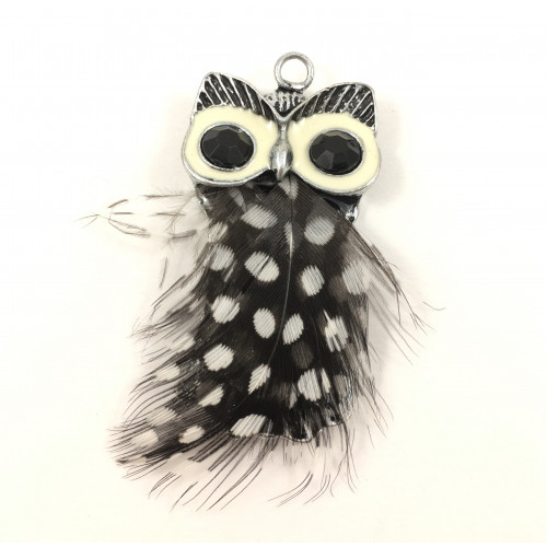 Owl with feather metal pendant
